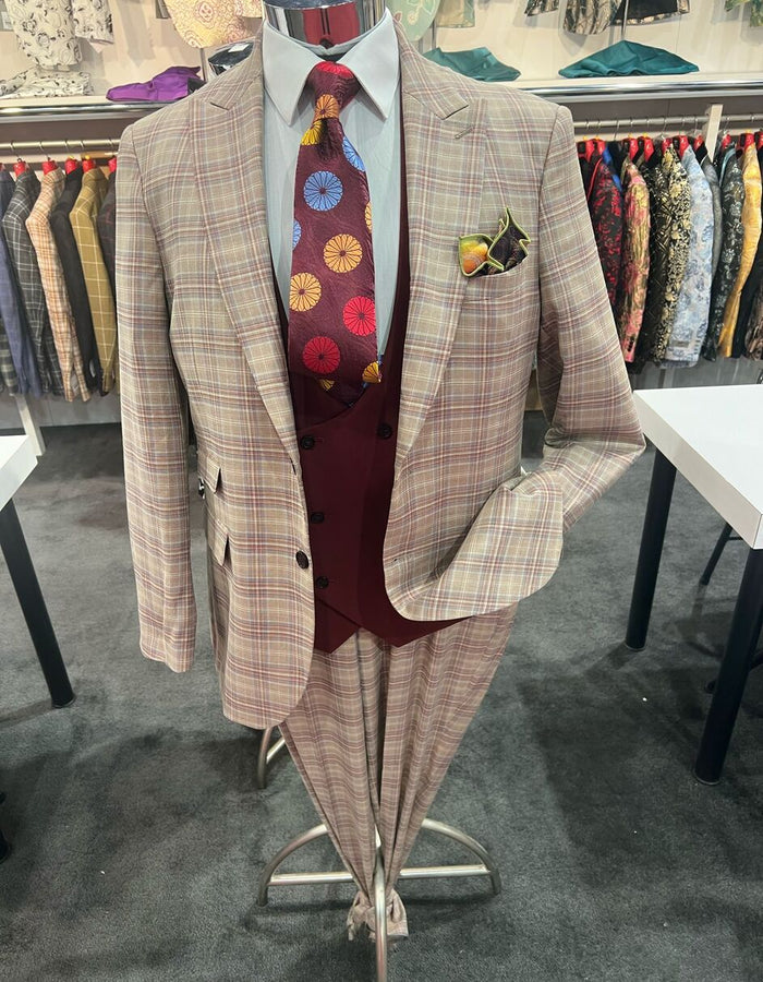 Men's Light Brown Plaid Suit with Burgundy Vest and Colorful Floral Tie ƒ?? 3 Piece Set - Taupe Windowpane Pattern