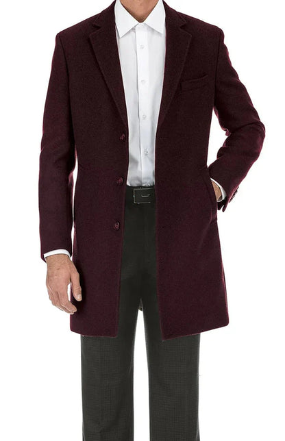 Men’s Burgundy Long Coat – Classic Fit Wool Blend Overcoat - Topcoat Full length