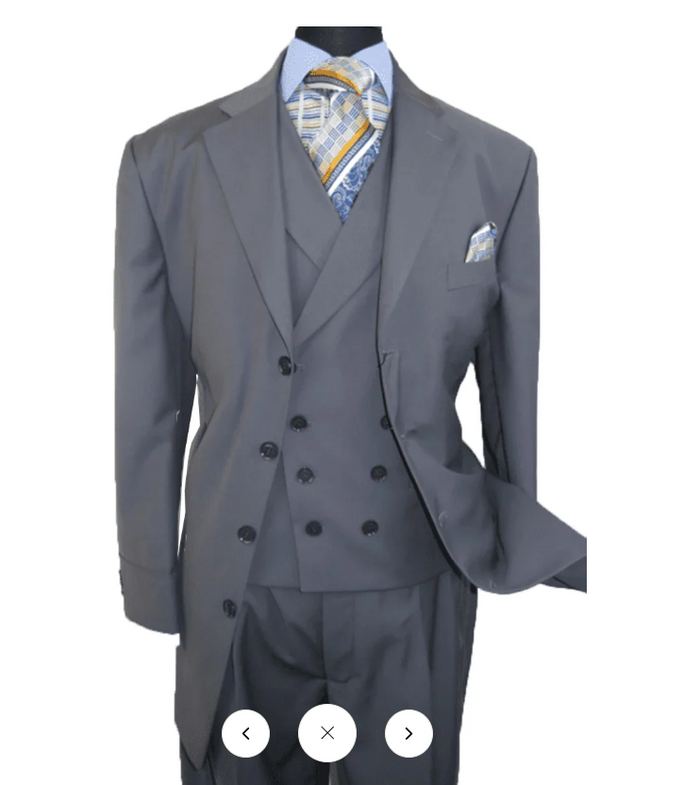 Men’s Grey 4-Button Zoot Suit – Four Buttons 3-Piece Fashion Suit with Double-Breasted Vest and Pleated Pants