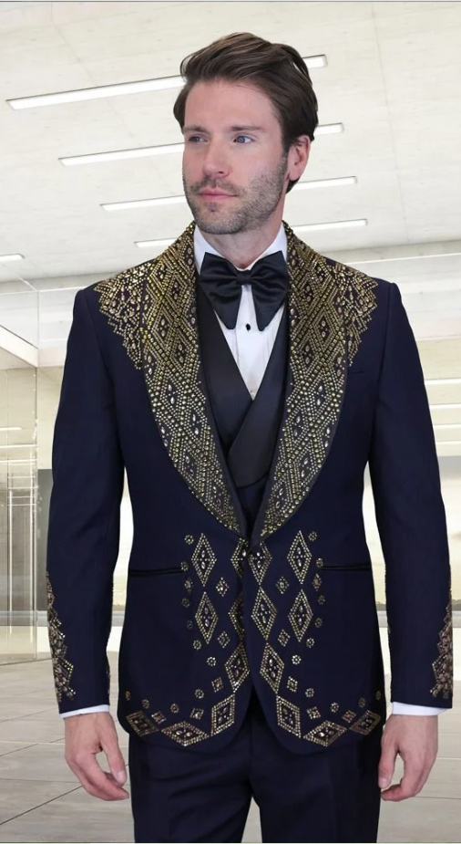 Men’s Navy Tuxedo with Gold Embroidery – Slim Fit Formal Dinner Jacket with Shawl Lapel