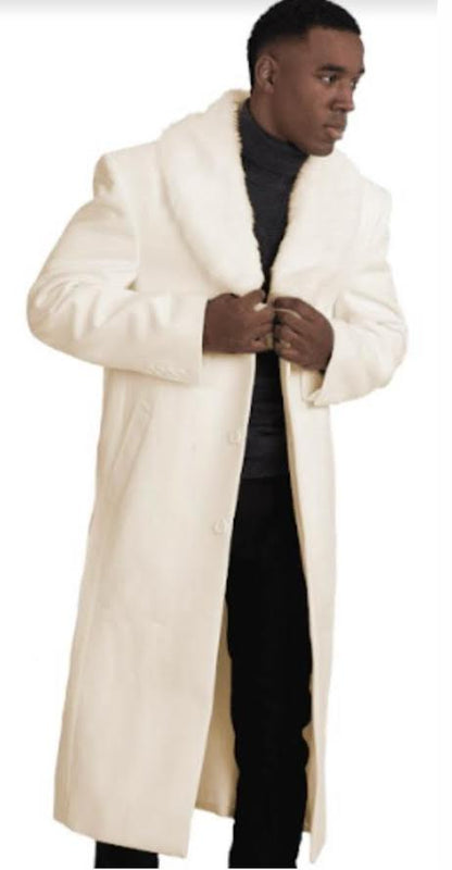 Men’s Ivory Full-Length Overcoat with Luxurious Faux Fur Shawl Collar – Winter Dress Coat