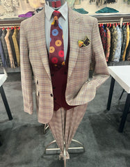 Men's Light Brown Plaid Suit with Burgundy Vest and Colorful Floral Tie ƒ?? 3 Piece Set - Taupe Windowpane Pattern