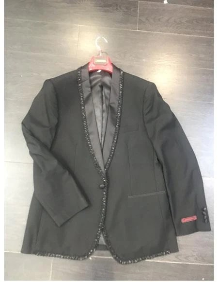Mens Classic Black Designer Blazer with Beaded Lapel – Elegant Formal and Party Wear Dinner Jacket For Groom