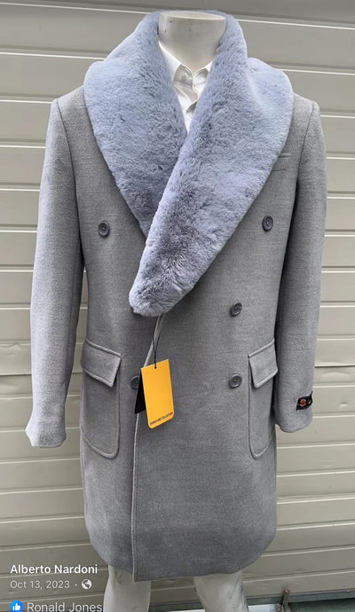 Men’s Light Grey Double Breasted Overcoat with Faux Fur Shawl Collar – Winter Luxury Coat Wool Fabric 6   - from alligatorwarehouse.com