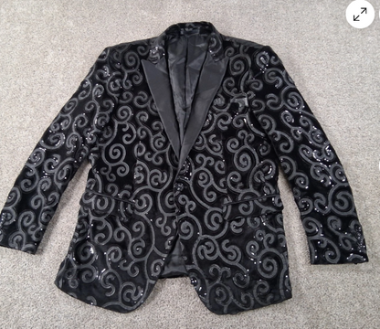 Men’s Black Velvet Sequin Swirl Dinner Jacket – Blazer Paisley Sparkly