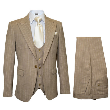 Men's Beige Pinstripe Three-Piece Vested Suit – Tailored Fit  Business Attire in Tan Stripe by Rossiman