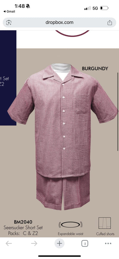 Men’s Burgundy Redish Seersucker Short Set Walking Suit – Two-Piece Cuffed Shorts with Expandable Waist 7   - from alligatorwarehouse.com