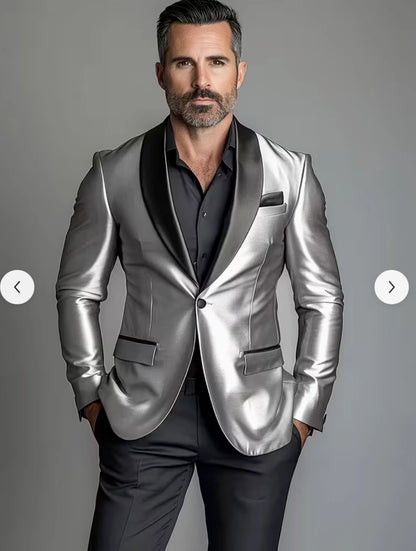 Men’s Shiny Silver Blazer with Black Lapel – Luxury Metallic Formal Jacket for Party, Evening and Special Events