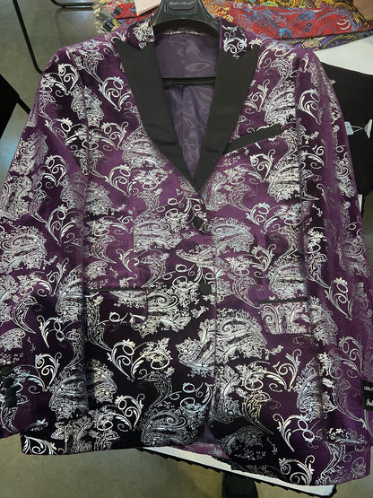 Mens Purple and White Paisley Floral Brocade Tuxedo Jacket - Suit with Satin Lapel Wtih Black Pants
