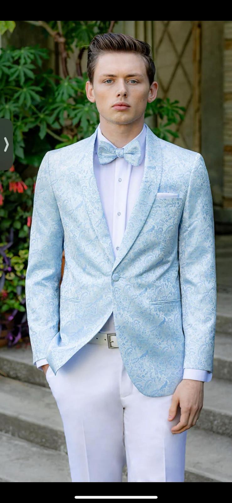 Mens Light Blue Paisley Tuxedo Jacket with Matching Bow Tie – Slim Fit Blazer for Weddings, Prom, and Formal Events