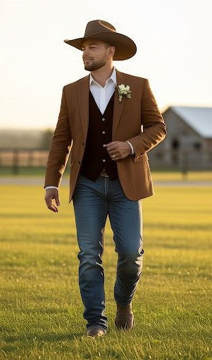 Mens Rust Copper Brown Western Blazer – Cowboy Style Classic Tailored Jacket for Weddings, Rodeos and Country Events