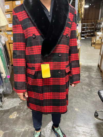 Mens Red and Black Plaid Wool Overcoat with Black Faux Fur Shawl Collar – Double-Breasted Winter Coat - Tartan Design 6   - from alligatorwarehouse.com