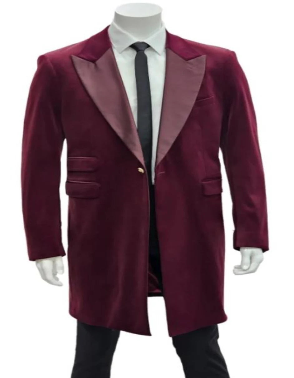 Men’s Burgundy Tuxedo in  Velvet  Long Blazer – Victorian Cutaway Tuxedo  Suit 1920s Gangster Style Long Jacket with Black Pants