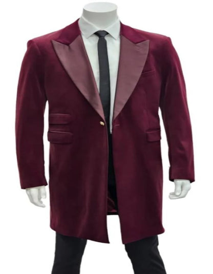 Men’s Burgundy Tuxedo in  Velvet  Long Blazer – Victorian Cutaway Tuxedo  Suit 1920s Gangster Style Long Jacket with Black Pants