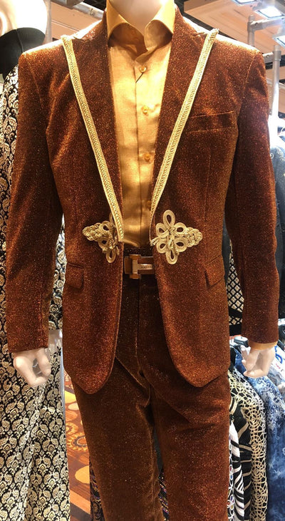 Mens Bronze Shiny Velvet Suit – Designer Party and Wedding Wear Blazer and Pant Set Brown and Gold Tuxedo 7   - from alligatorwarehouse.com