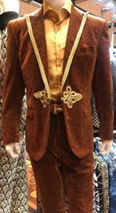 Mens Bronze Shiny Velvet Suit – Designer Party and Wedding Wear Blazer and Pant Set Brown and Gold Tuxedo