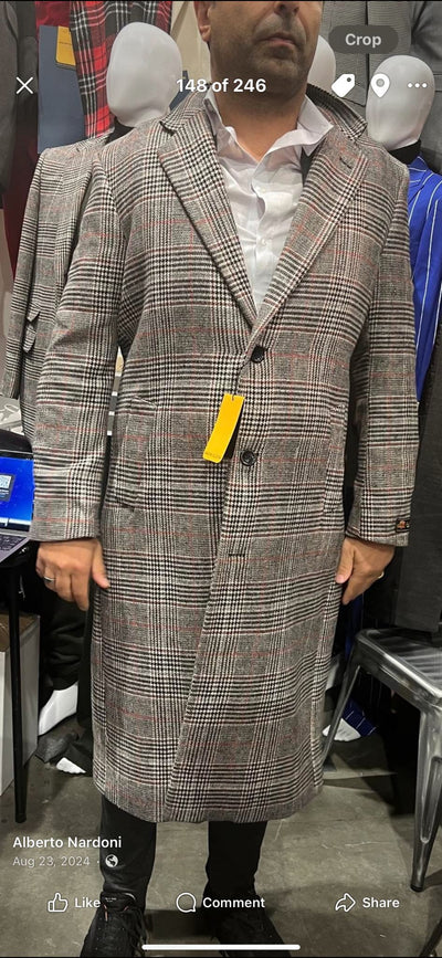 Men’s Full length  Long Plaid Overcoat – Classic Checkered Wool Blend Winter Coat in Gray Color Checkered 7   - from alligatorwarehouse.com