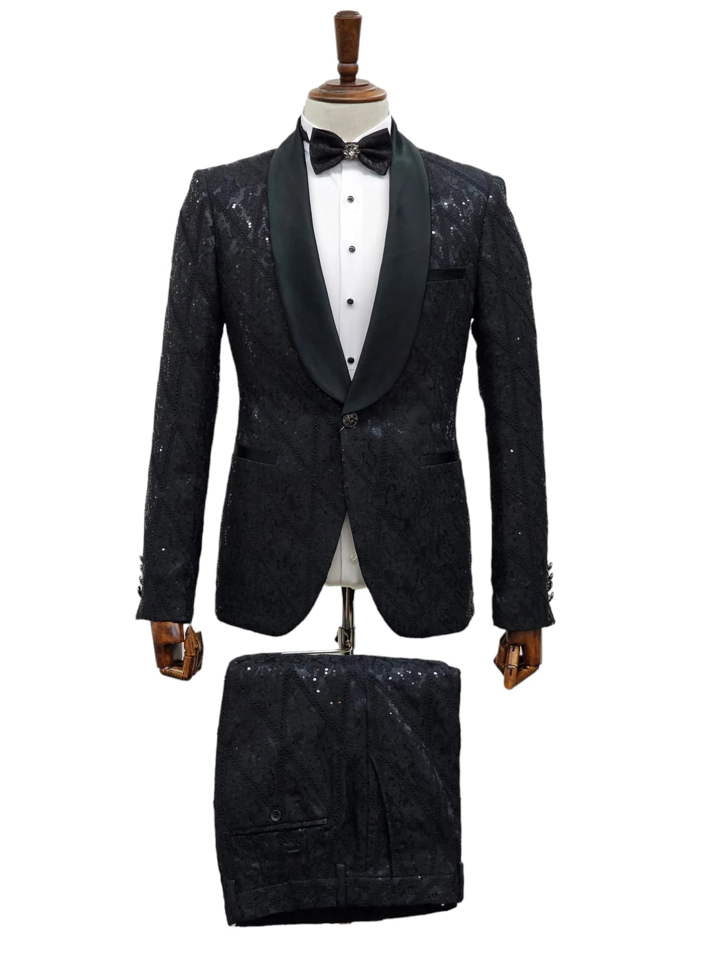 Black Sequin Tuxedo Suit with Satin Shawl Lapel – Mens Slim Fit Formal Prom and Wedding Attire