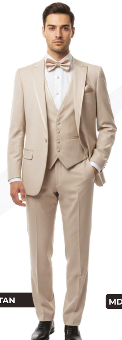 Mens Beige Tan Khaki CowboyTuxedo Suit – Western Formal Three Piece Suit with Jacket Vest and Pants