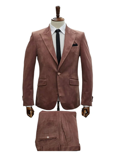 Mens Mauve Velvet Suit – 2 Piece Ultra Slim Fit Blazer and Pants Formal Set in Light Brown Tuxedo