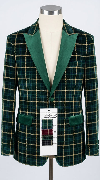 Mens Tartan Green and Gold Check Blazer – Windowpane Plaid Sport Coat Velvet Lapel Plaid Christmas Holiday New Year Jacket