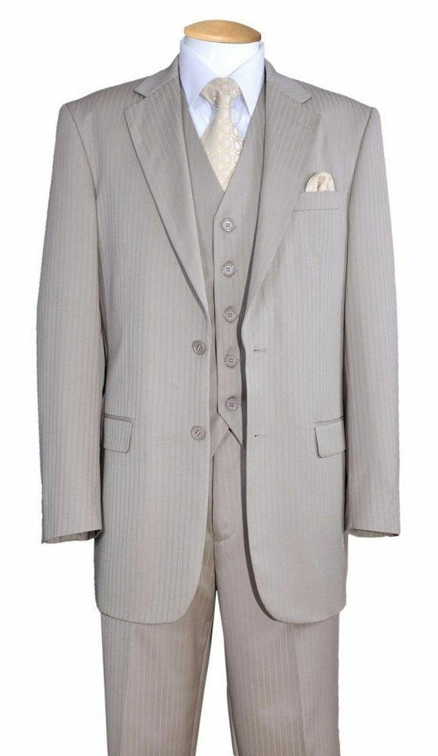 Men’s Light Tan Pinstripe 3 Piece Suit with Jacket, Vest, and Pants | Shadow Stripe Tone Tone Pleated Pants Classic