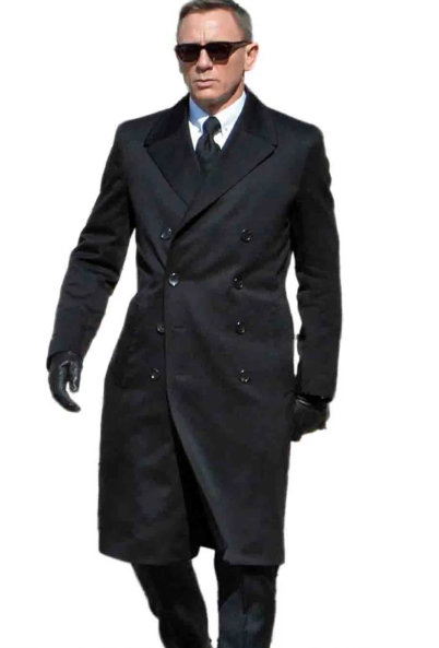 Men’s Black Double Breasted Overcoat, James Bond Inspired Long Formal Coat for Weddings, Business Events, Parties, and Winter Occasions