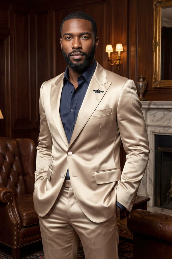 Mens Shiny Champagne Gold Two Piece Suit – Luxury Formal Satin Finish Suit for Wedding, Party and Evening Wear