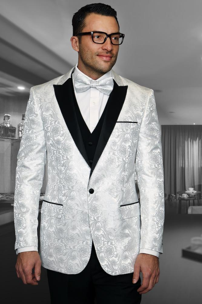 Men’s White Paisley Cowboy Tuxedo with Black Satin Lapel – Western Formal Wedding Suit Jacket
