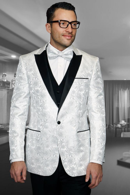 Men’s White Paisley Cowboy Tuxedo with Black Satin Lapel – Western Formal Wedding Suit Jacket