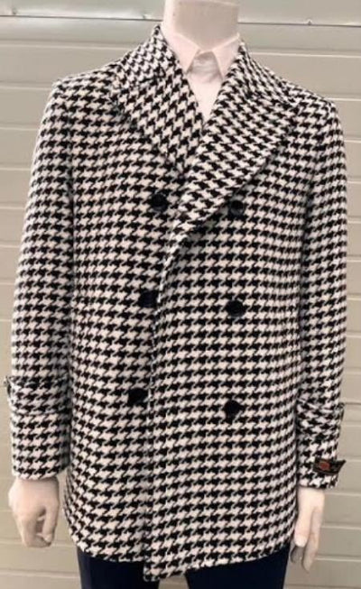 Mens Houndstooth Double-Breasted Overcoats – Classic Black and White Wool Blend Peacoat Wool Fabric 7   - from alligatorwarehouse.com