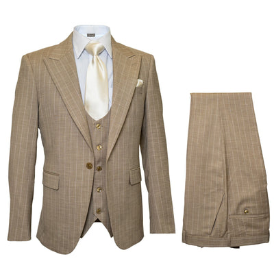 Men’s Beige Pinstripe Three-Piece Suit – Classic Fit Formal Suit with Vest and Flat-Front Pants in Tan Stripe By Rossiman 9   - from alligatorwarehouse.com