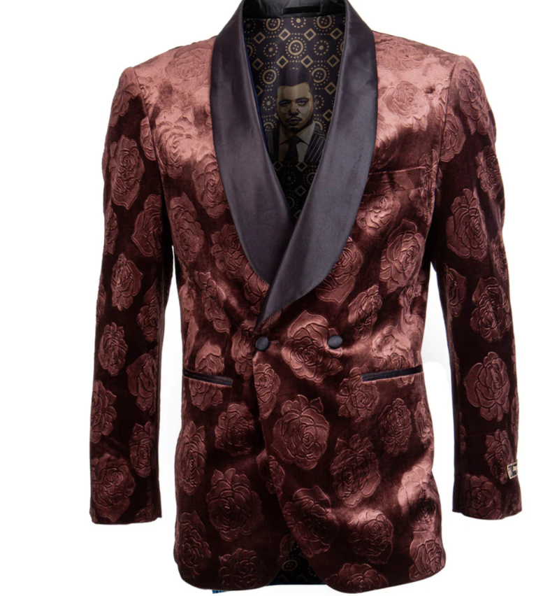 Mens Rust Copper Brick color Floral Jacquard Pasiley Blazer – Pattern Dinner Jacket with Black Shawl Lapel for Formal dinners and Wedding
