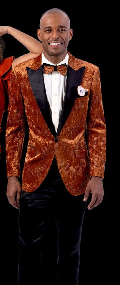 Men’s Burnt Orange Sequin Velvet Blazer – Kingsman Golden Bee Inspired Black Peak Lapel Dinner Jacket