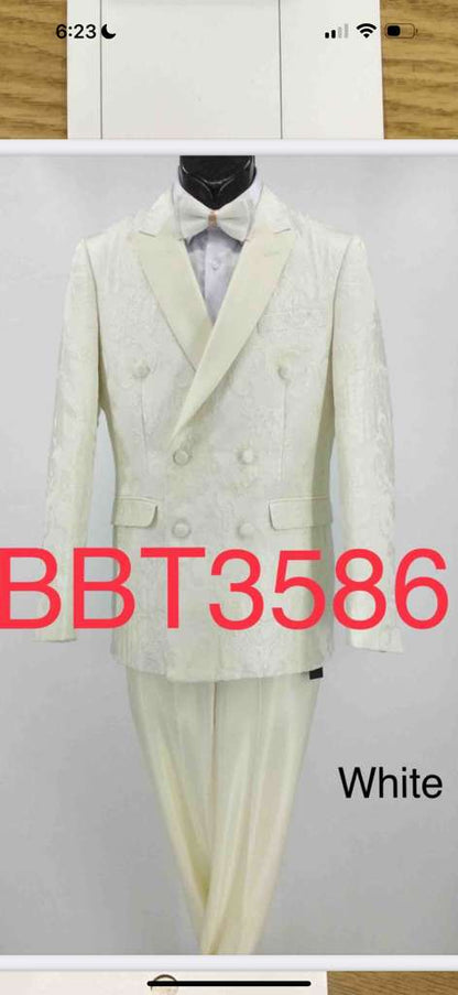 Men’s Ivory Double Breasted Tuxedo Dinner Jacket – Textured Blazer Paisley Texture Pattern in Off White Cream Color + Bowtie