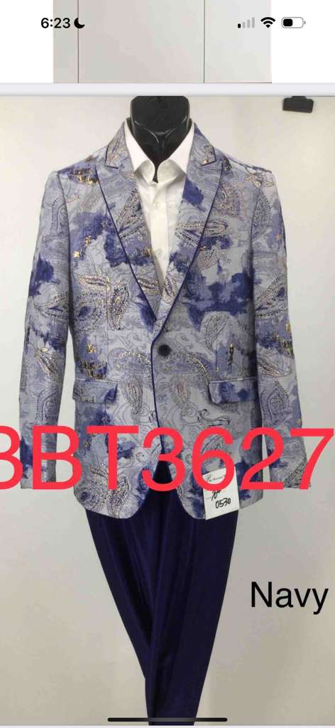 Men’s Navy Blue and Gray Paisley Print Blazer – Prom Jacket for Formal, Party, and Evening Wear