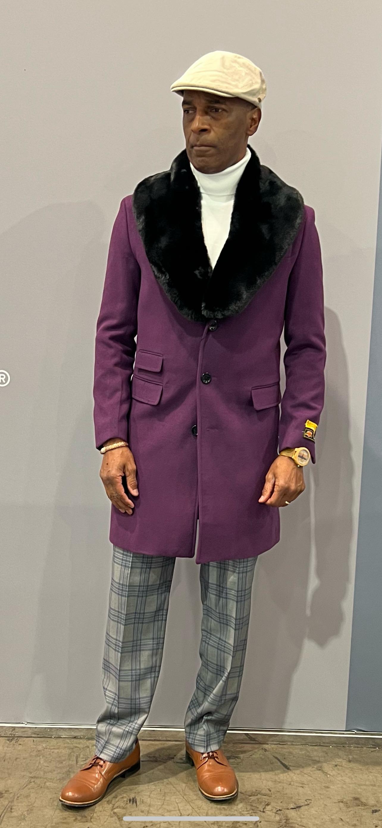 Mens Purple Wool Overcoat with Black Faux Fur Collar – Luxury Winter Dress Coat for Formal and Casual Wear