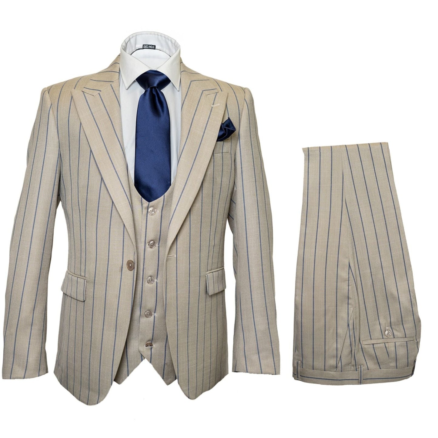 Men's Beige with blue Pinstripe Three-Piece Suit with Vest by Rossiman Vested Peak Lapel in Tan Stripe 1920s style