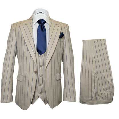 Men's Beige with blue Pinstripe Three-Piece Suit with Vest by Rossiman Vested Peak Lapel in Tan Stripe 1920s style