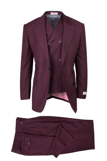 Tiglio Rosso Men’s Burgundy Wool Suit – Classic Fit Big Lapel Suit with Wide Leg Pleated Pants & Side Vents