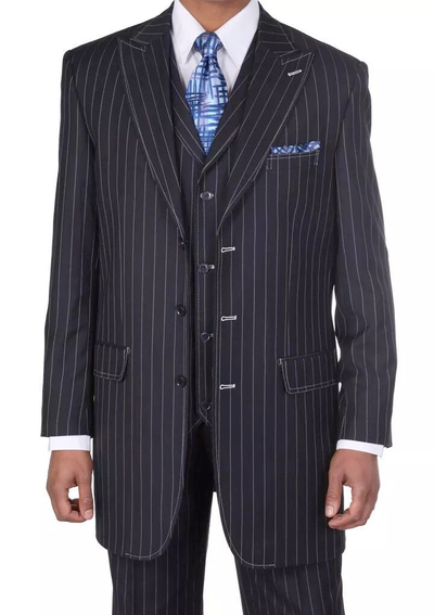 Men’s Three Button Suits -  Navy Blue Pinstripe Three-Piece Suit – Classic Business and Formal Wear with Tailored Fit 1   - from alligatorwarehouse.com