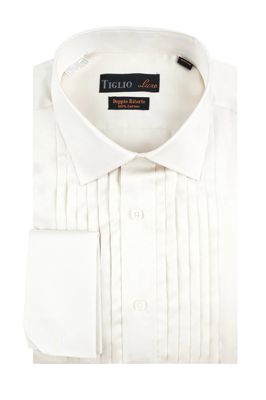 Men’s Ivory Cream Off White  Pleated Tuxedo Dress Shirt | French Cuff Formal Wedding Shirt