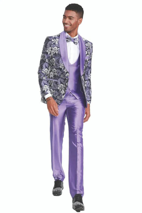 Men’s Lilac Lavender Prom Suit – Floral Shawl Lapel 3 Piece Tuxedo with Matching Vest and Pants
