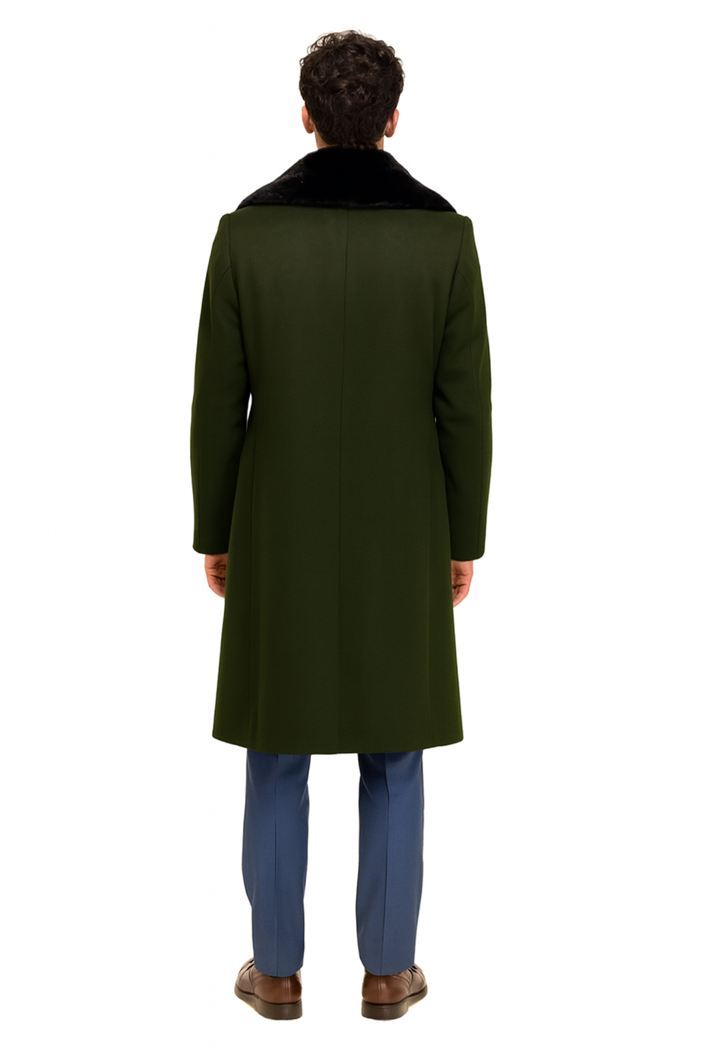 Overcoat ~ Long men's Dress Topcoat - Winter coat With Fur Collar Dark Olive And Wool Fabric