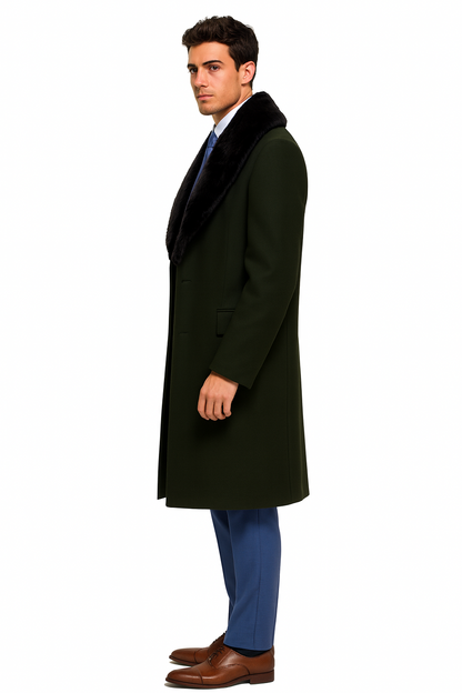 Overcoat ~ Long men's Dress Topcoat - Winter coat With Fur Collar Dark Olive And Wool Fabric