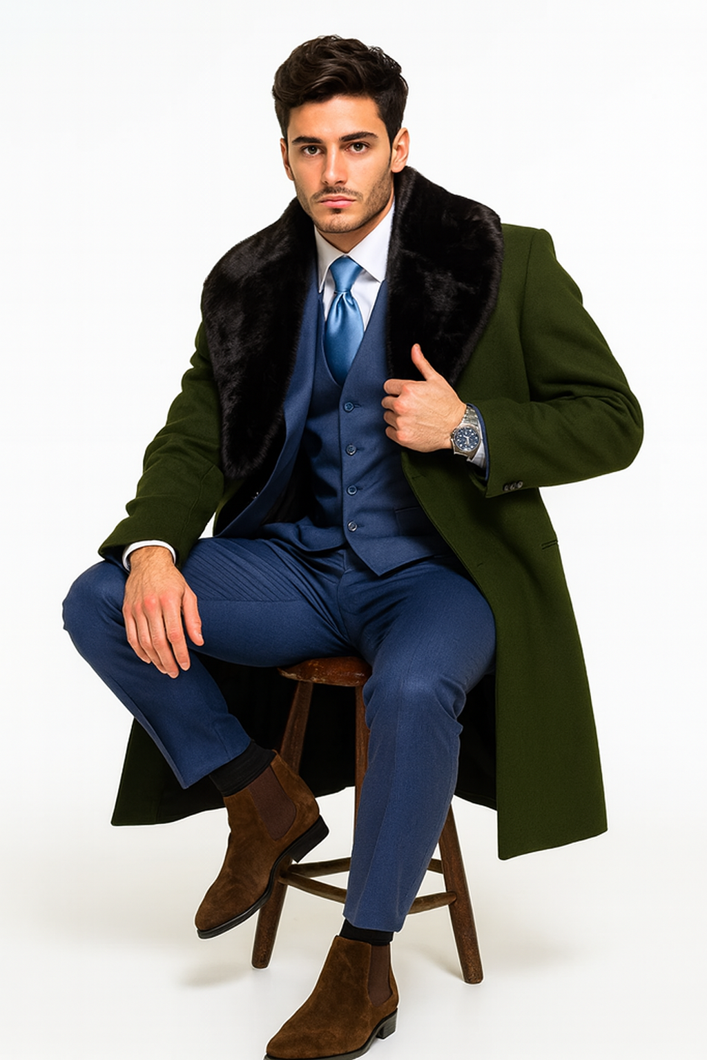 Overcoat ~ Long men's Dress Topcoat - Winter coat With Fur Collar Dark Olive And Wool Fabric