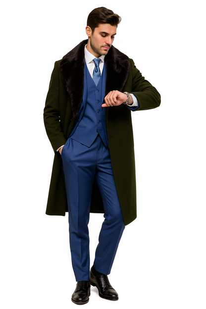 Overcoat ~ Long men's Dress Topcoat - Winter coat With Fur Collar Dark Olive And Wool Fabric