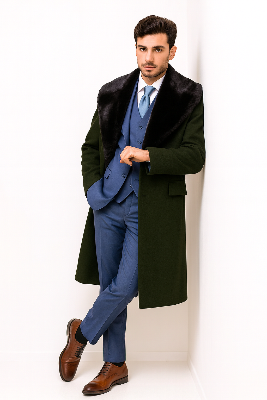 Overcoat ~ Long men's Dress Topcoat - Winter coat With Fur Collar Dark Olive And Wool Fabric