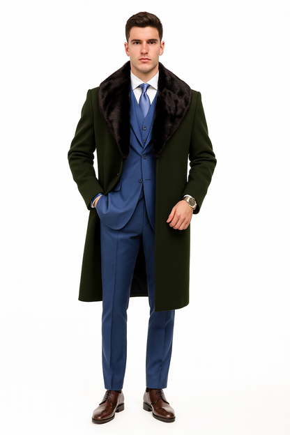 Overcoat ~ Long men's Dress Topcoat - Winter coat With Fur Collar Dark Olive And Wool Fabric