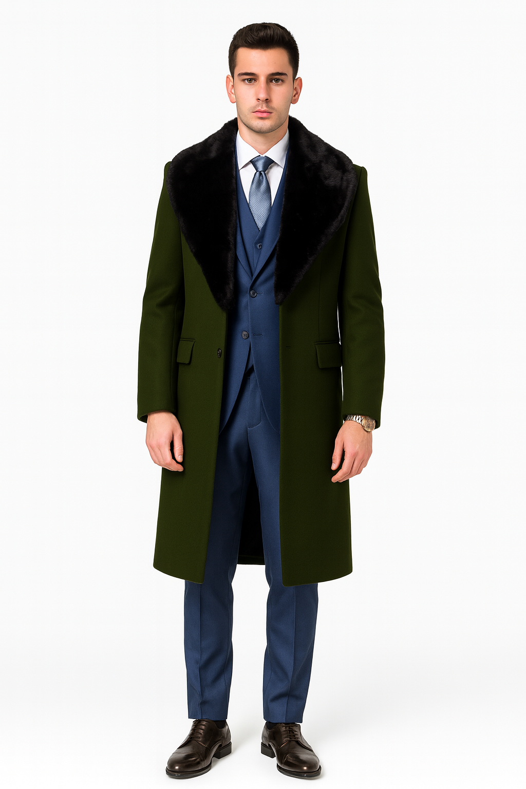 Overcoat ~ Long men's Dress Topcoat - Winter coat With Fur Collar Dark Olive And Wool Fabric